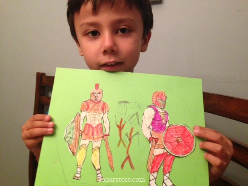 Learning about Greek Warriors (yes he made himself into a warrior too)